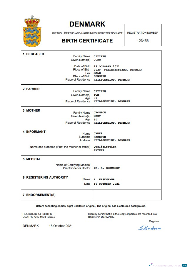 Download Denmark vital record birth certificate Word and PDF template Photoshop template